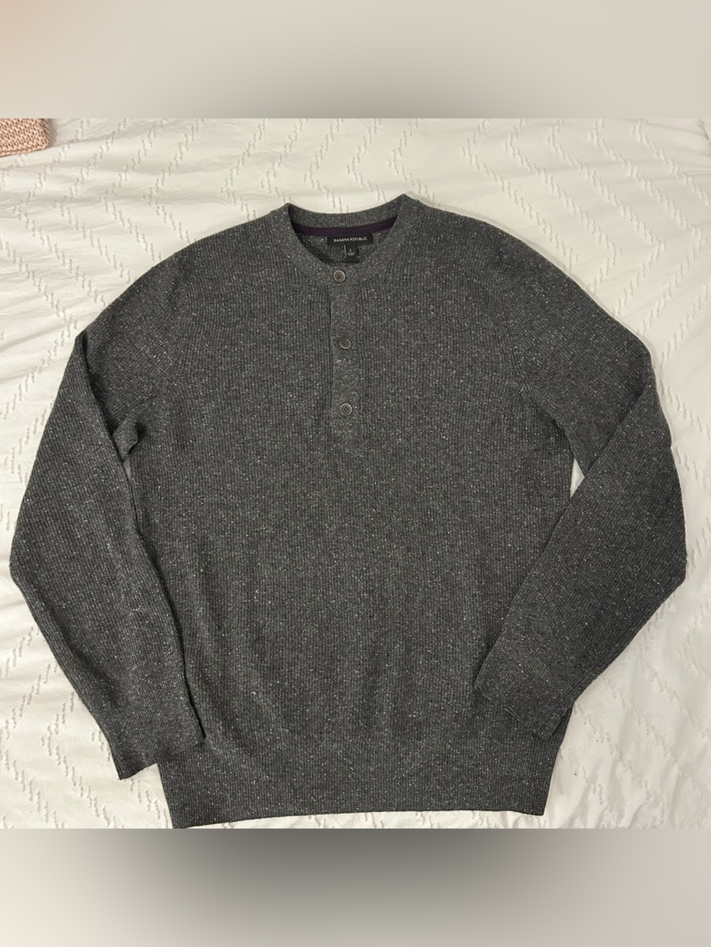 Banana Republic Men’s Henley Wool Silk Blend Knit Tweed Sweater Pullover L Gray